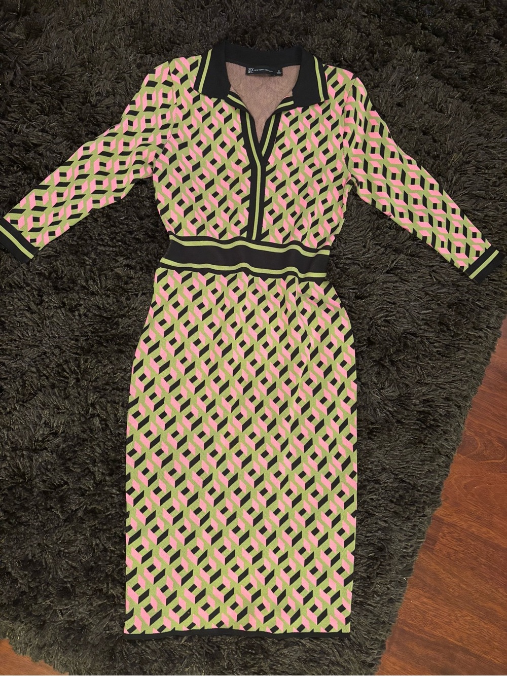New York & Company Pink and Lime Geometric Collared Sheath Dress
